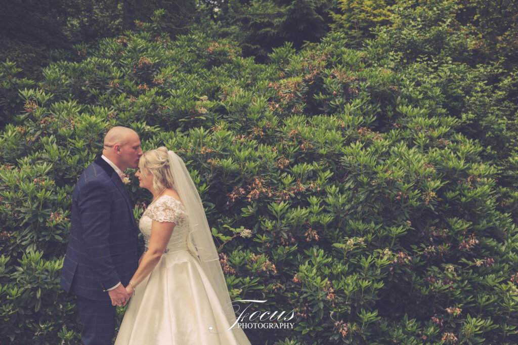 A bride and groom stand facing each other, holding hands, in front of dense green bushes outdoors